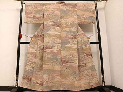平和屋着物●上質な小紋 紬地 エ霞草花文 正絹 逸品 AABC2546ph
