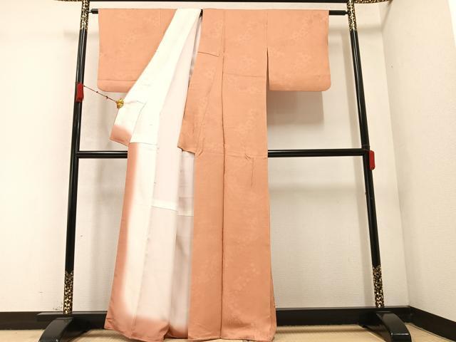 平和屋着物●上質な色無地　更紗地紋　洒落柿色　正絹　逸品　AABC2543ph