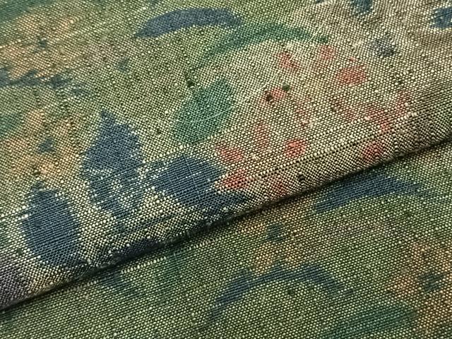 平和屋着物▽小千谷紬 単衣 更紗小紋 草花文 反端付き 正絹 逸品 AABC0497fy