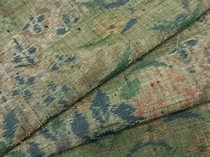 平和屋着物▽小千谷紬 単衣 更紗小紋 草花文 反端付き 正絹 逸品 AABC0497fy
