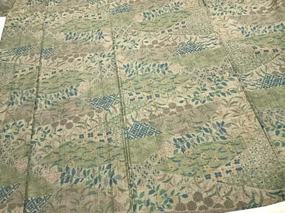 平和屋着物▽小千谷紬 単衣 更紗小紋 草花文 反端付き 正絹 逸品 AABC0497fy