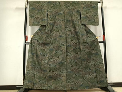 平和屋着物▽小千谷紬 単衣 更紗小紋 草花文 反端付き 正絹 逸品 AABC0497fy