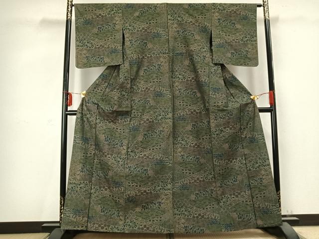 平和屋着物▽小千谷紬 単衣 更紗小紋 草花文 反端付き 正絹 逸品 AABC0497fy