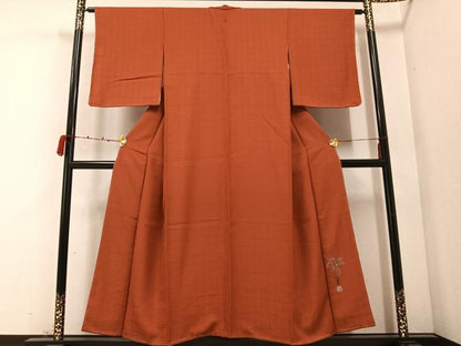 平和屋着物●京加賀友禅　百貫達雄監修　色無地　格子地紋　樺色　正絹　逸品　未使用　AABC3370ph
