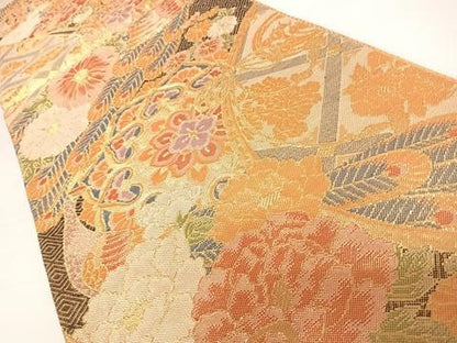 平和屋着物◎佐賀錦 六通柄袋帯 孔雀花文 金銀糸 正絹 逸品 AABB6137yx