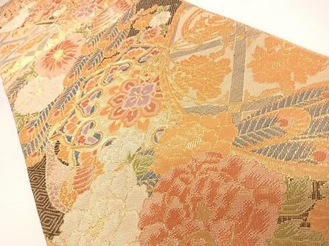 平和屋着物◎佐賀錦 六通柄袋帯 孔雀花文 金銀糸 正絹 逸品 AABB6137yx