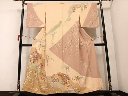 平和屋着物●訪問着 駒刺繍 慶彩小袖 枝花文 金彩 正絹 逸品 AABC3379ph
