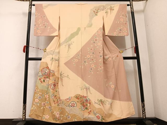 平和屋着物●訪問着 駒刺繍 慶彩小袖 枝花文 金彩 正絹 逸品 AABC3379ph