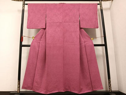 平和屋着物●上質な色無地　枝花地紋　長春色　正絹　逸品　AABC3662ph