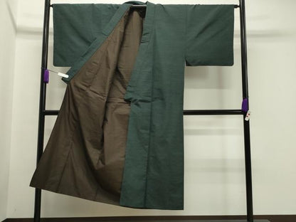 平和屋着物●男性 紬 アンサンブル 髭紬：羽織 霞文 黒緑色 正絹 逸品 未使用 CAAY8108gh