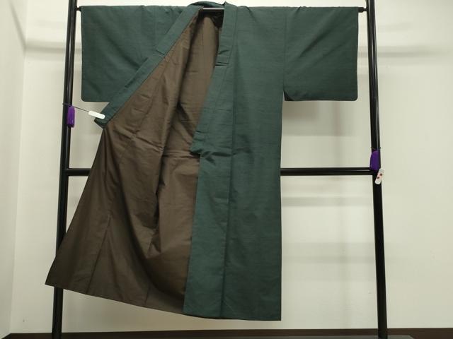 平和屋着物●男性 紬 アンサンブル 髭紬：羽織 霞文 黒緑色 正絹 逸品 未使用 CAAY8108gh
