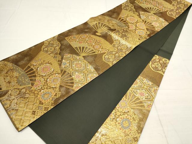 平和屋着物▼六通柄袋帯　扇面花文　金糸　正絹　逸品　AABB9862wj