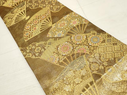 平和屋着物▼六通柄袋帯　扇面花文　金糸　正絹　逸品　AABB9862wj