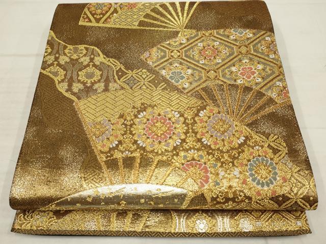平和屋着物▼六通柄袋帯　扇面花文　金糸　正絹　逸品　AABB9862wj