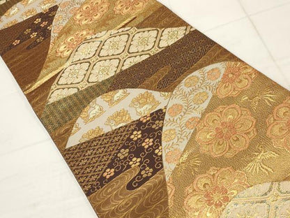 平和屋着物▼六通柄袋帯　遠山蜀江文　金糸　正絹　逸品　AABB9891wj