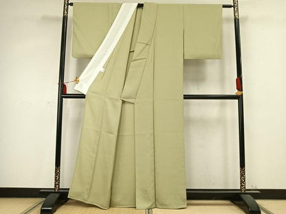 平和屋着物▽色無地 単衣 草花文 若葉色 洗える着物 AABC0506fy