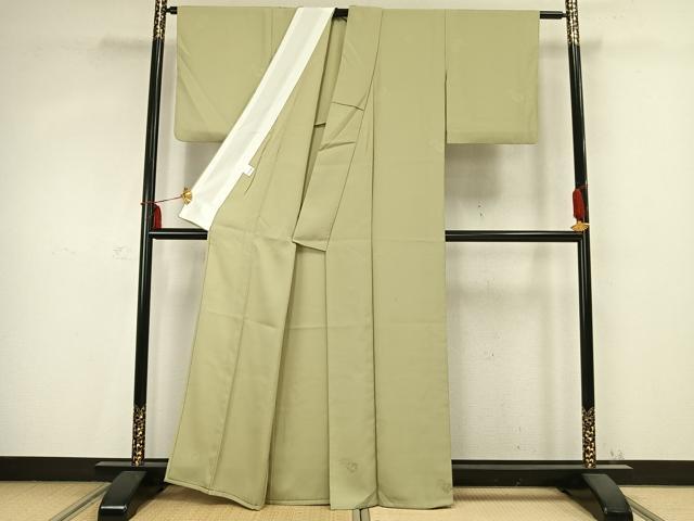 平和屋着物▽色無地 単衣 草花文 若葉色 洗える着物 AABC0506fy
