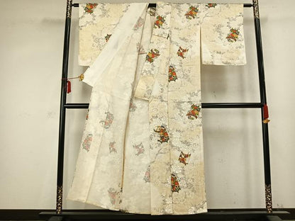 平和屋着物▽上質な小紋 単衣 貝桶花文 金彩 正絹 逸品 AABC0530fy