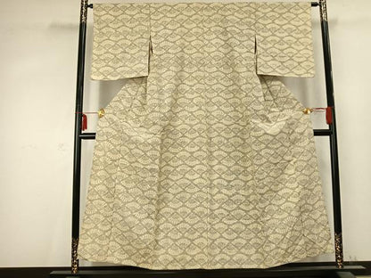 平和屋着物▽上質な紬　単衣　扇面文　正絹　逸品　AABC0548fy