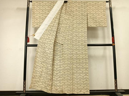 平和屋着物▽上質な紬　単衣　扇面文　正絹　逸品　AABC0548fy