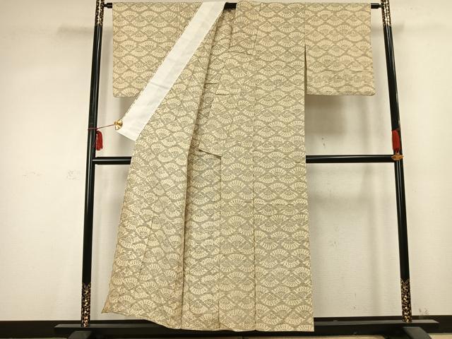 平和屋着物▽上質な紬　単衣　扇面文　正絹　逸品　AABC0548fy
