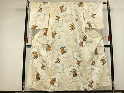 平和屋着物▽上質な小紋 単衣 貝桶花文 金彩 正絹 逸品 AABC0530fy