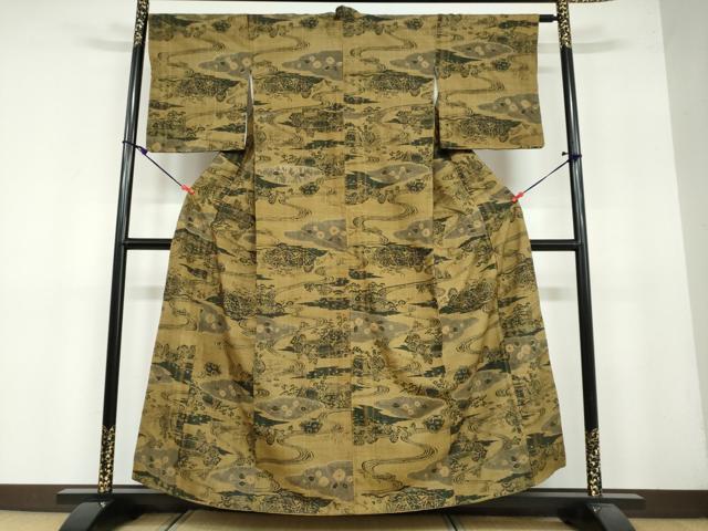 平和屋着物●上質な小紋 紬地 絞り 流水風景文 正絹 逸品 DAAY5300ud