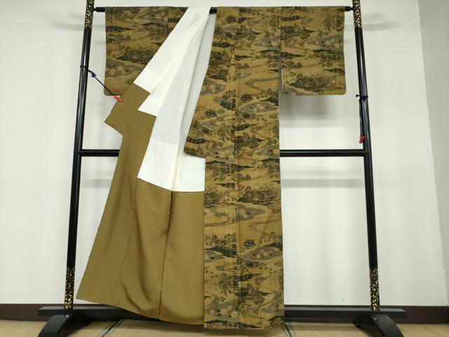 平和屋着物●上質な小紋 紬地 絞り 流水風景文 正絹 逸品 DAAY5300ud
