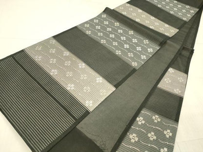 平和屋着物＊夏物 六通柄袋帯 横段花文 黒地 銀糸 正絹 逸品 DAAX8959cm