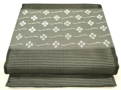 平和屋着物＊夏物 六通柄袋帯 横段花文 黒地 銀糸 正絹 逸品 DAAX8959cm