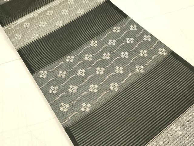 平和屋着物＊夏物 六通柄袋帯 横段花文 黒地 銀糸 正絹 逸品 DAAX8959cm