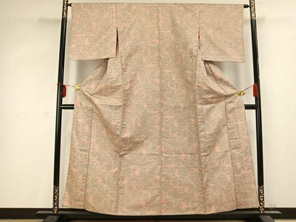 平和屋着物▽上質な紬　単衣　唐草文　正絹　逸品　AABC0575fy