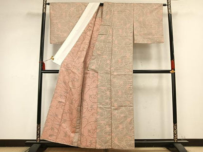 平和屋着物▽上質な紬　単衣　唐草文　正絹　逸品　AABC0575fy