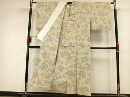 平和屋着物▽上質な紬　単衣　花唐草文　正絹　逸品　AABC0587fy