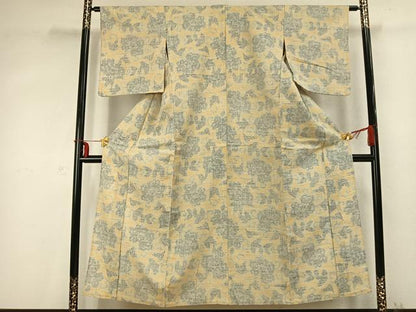 平和屋着物▽上質な紬　単衣　花唐草文　正絹　逸品　AABC0587fy
