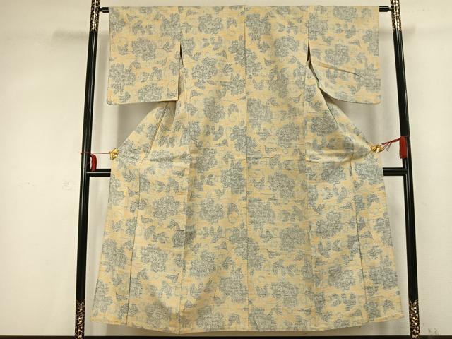 平和屋着物▽上質な紬　単衣　花唐草文　正絹　逸品　AABC0587fy