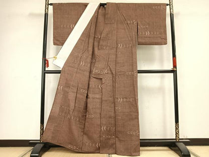 平和屋着物▽上質な紬 単衣 幾何学文様 正絹 逸品 AABC0584fy