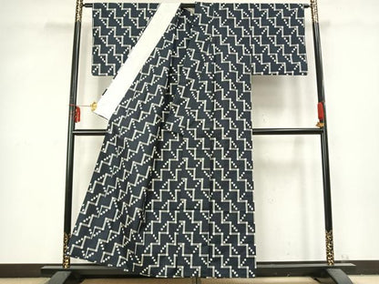平和屋着物▽上質な紬 単衣 幾何学文様 正絹 逸品 AABC3727fy