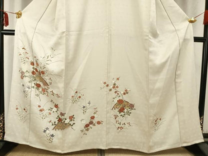平和屋着物▽上質な紬　単衣　草花文　金彩　正絹　逸品　AABC0597fy