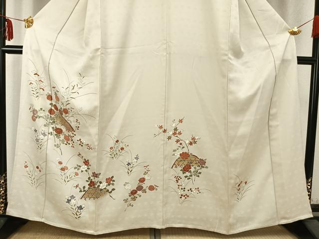 平和屋着物▽上質な紬　単衣　草花文　金彩　正絹　逸品　AABC0597fy