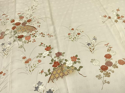 平和屋着物▽上質な紬　単衣　草花文　金彩　正絹　逸品　AABC0597fy