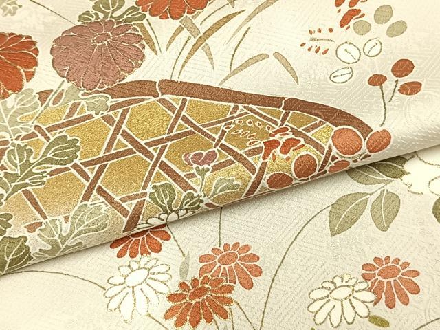 平和屋着物▽上質な紬　単衣　草花文　金彩　正絹　逸品　AABC0597fy