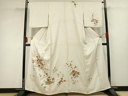 平和屋着物▽上質な紬　単衣　草花文　金彩　正絹　逸品　AABC0597fy