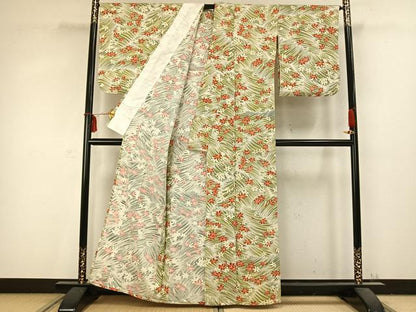 平和屋着物▽上質な小紋 単衣 草花文 正絹 逸品 AABC0595fy