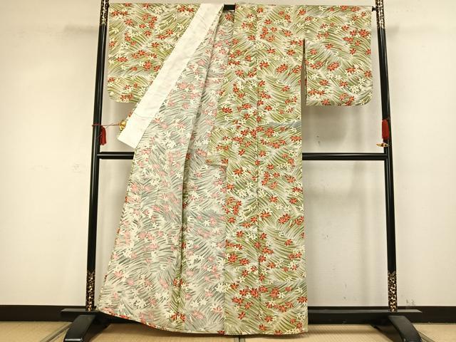 平和屋着物▽上質な小紋 単衣 草花文 正絹 逸品 AABC0595fy