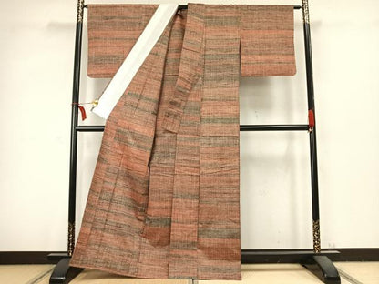 平和屋着物▽上質な紬 単衣 横段文 正絹 逸品 AABC3744fy