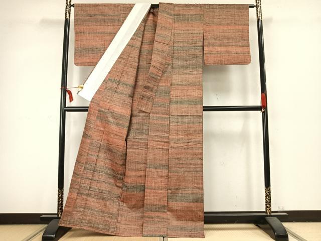 平和屋着物▽上質な紬 単衣 横段文 正絹 逸品 AABC3744fy