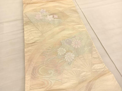 平和屋着物＊夏物 六通柄袋帯 扇面花文 銀糸 正絹 逸品 未使用 BAAV5384hv