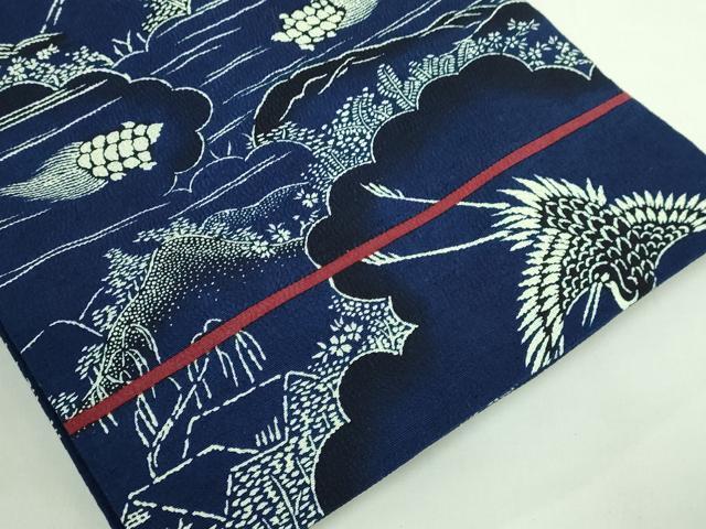 平和屋本店■極上　浦野理一　型染　九寸名古屋帯　鶴　蓑亀　鉄紺色地　鬼しぼ縮緬　たとう紙付き　逸品　DZAB1258kh5
