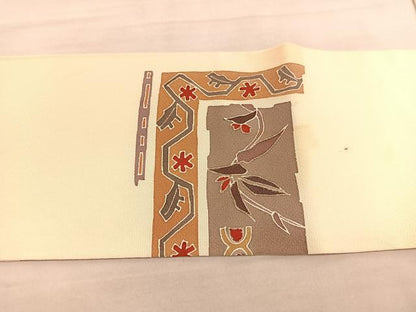 平和屋着物◎九寸名古屋帯　枝葉文　正絹　逸品　BAAV5422hv